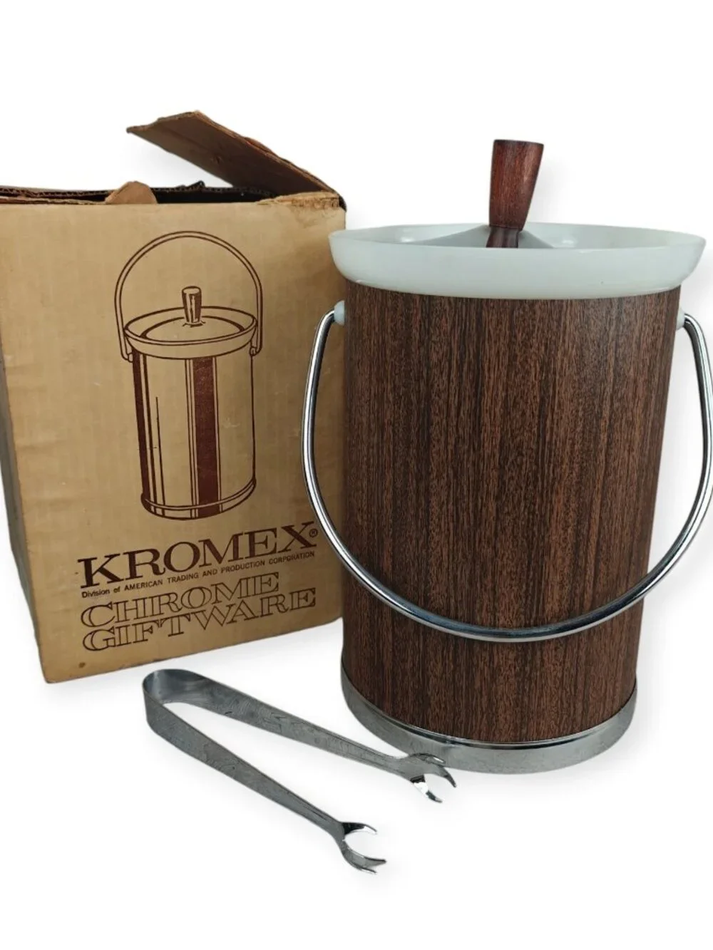 Vintage Kromex Chrome & Woodgrain Ice Bucket With Lid & Tongs Mid-Century Modern